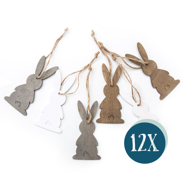 Osteranhänger aus Holz, 12er Set: Osterhasen-Deko zum Aufhängen, Osterschmuck mit Schnur für Osterstrauch und Geschenke, Zeitlose Osterdeko, Osterhasen-Anhänger für Zuhause, 10 cm