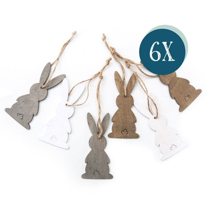 Osteranhänger aus Holz, 6er Set: Osterhasen-Deko zum Aufhängen, Osterschmuck mit Schnur für Osterstrauch und Geschenke, Zeitlose Osterdeko, Osterhasen-Anhänger für Zuhause, 10 cm
