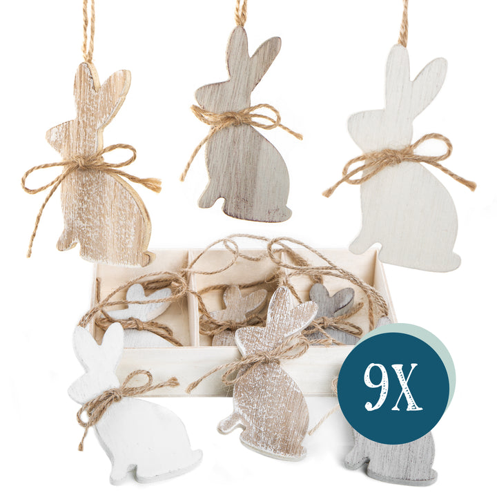 Osteranhänger aus Holz, 9er Set: Osterhasen-Deko zum Aufhängen, Osterschmuck für Osterstrauch, Osternester und Geschenke, Zeitlose Osterdeko, Osterhasen-Anhänger aus Holz, 9,5 cm