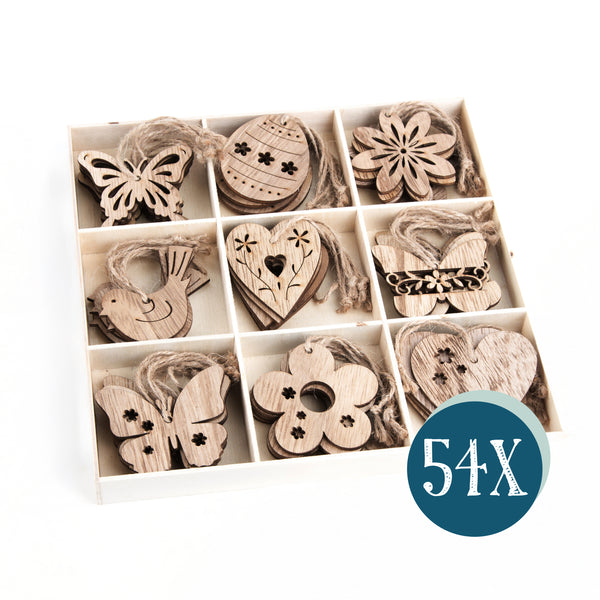 Deko Set: 54 Osteranhänger aus Holz, Osterschmuck für Osterstrauch, Natürliche Osterdeko zum Aufhängen, Naturfarbene Anhänger für Ostern, Perfekt zum Basteln & Verschenken, 6 cm