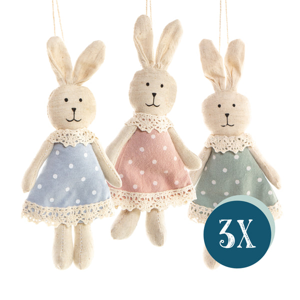Osterhasen zum Aufhängen, 3er Set: Osteranhänger für Osterstrauch und Kinderzimmer, Deko Set mit Hasen, Stoff-Anhänger für Frühling und Ostern, Geschenkidee für Kinder, 17 cm 