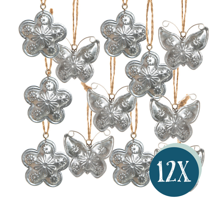 Osteranhänger, 12er Set: Frühlings-Anhänger aus Metall, Schmetterlinge & Blumen, Frühlingsdeko für Ostern & Hochzeit, Osterschmuck für Osterstrauch, Silberne Geschenkanhänger, 4 cm