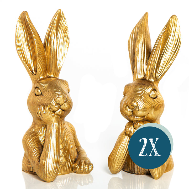 Osterhase Deko-Figuren, 2er Set: Goldene Osterhasen-Figuren, Moderne Osterdeko aus Polyresin, Edle Deko-Hasen für Tisch, Kommode & Eingangsbereich, Indoor, Ideal als Geschenk, 17 cm