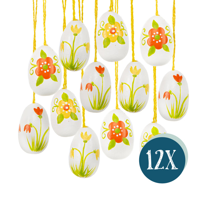Kleine Ostereier zum Aufhängen, 12er Set: Osteranhänger aus Holz im Vintage Look, Osterdeko mit Schnur, Anhänger für Osterstrauch & Fenster, Bunte Farben mit Blumendekor, Robust, 3 cm
