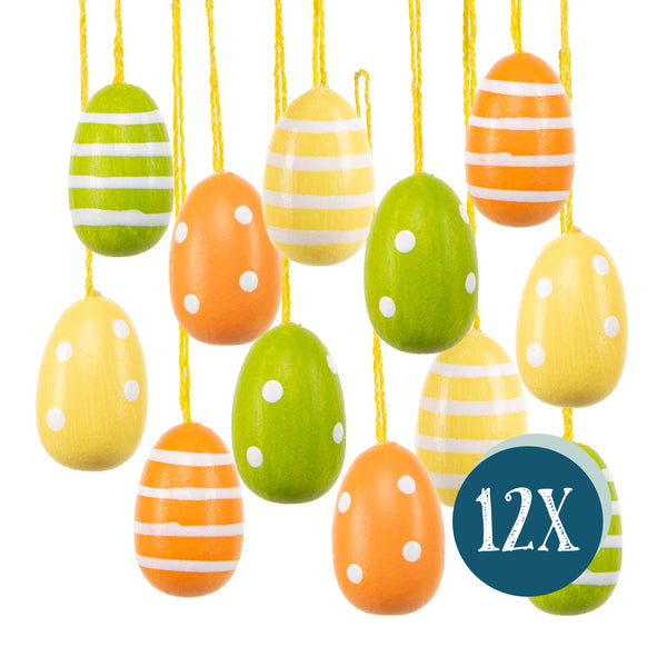 Kleine Ostereier zum Aufhängen, 12er Set: Osteranhänger aus Holz im Retro Look, Osterdeko mit Schnur, Anhänger für Osterstrauch &amp; Fenster, Bunte Farben mit Punkten &amp; Streifen, 3 cm