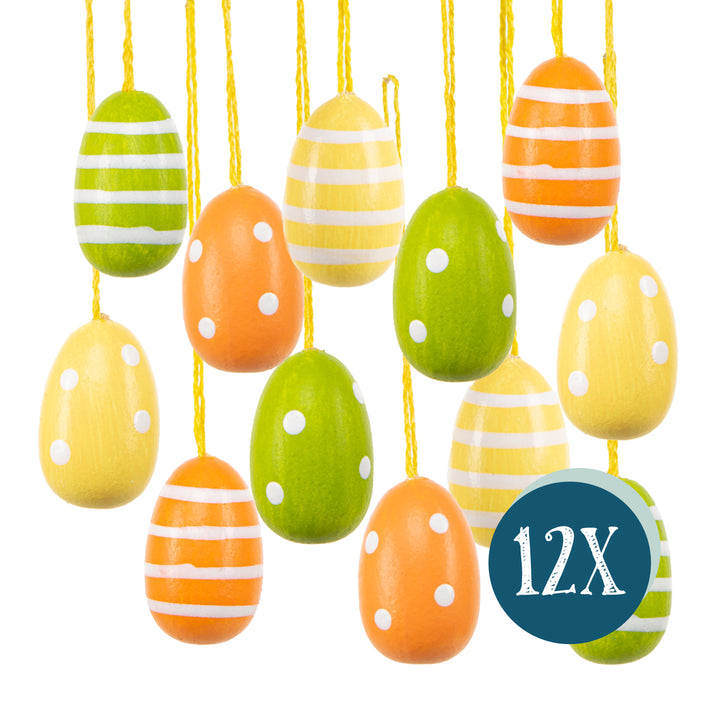 Kleine Ostereier zum Aufhängen, 12er Set: Osteranhänger aus Holz im Retro Look, Osterdeko mit Schnur, Anhänger für Osterstrauch &amp; Fenster, Bunte Farben mit Punkten &amp; Streifen, 3 cm