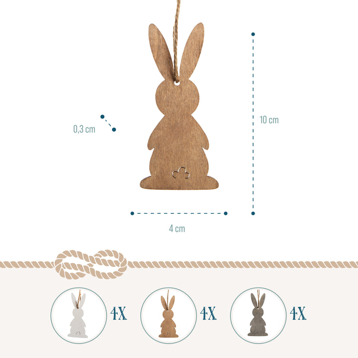 Osteranhänger aus Holz, 12er Set: Osterhasen-Deko zum Aufhängen, Osterschmuck mit Schnur für Osterstrauch und Geschenke, Zeitlose Osterdeko, Osterhasen-Anhänger für Zuhause, 10 cm