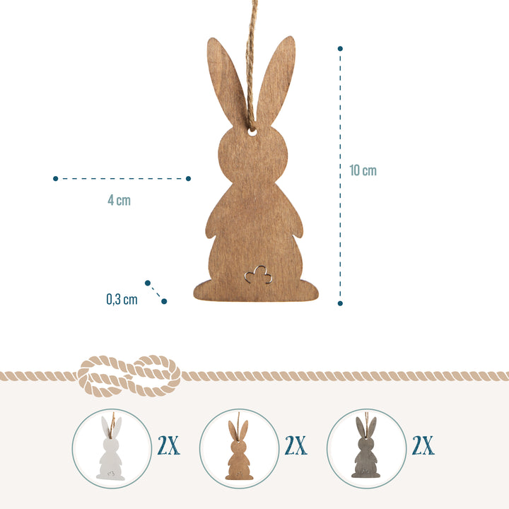Osteranhänger aus Holz, 6er Set: Osterhasen-Deko zum Aufhängen, Osterschmuck mit Schnur für Osterstrauch und Geschenke, Zeitlose Osterdeko, Osterhasen-Anhänger für Zuhause, 10 cm