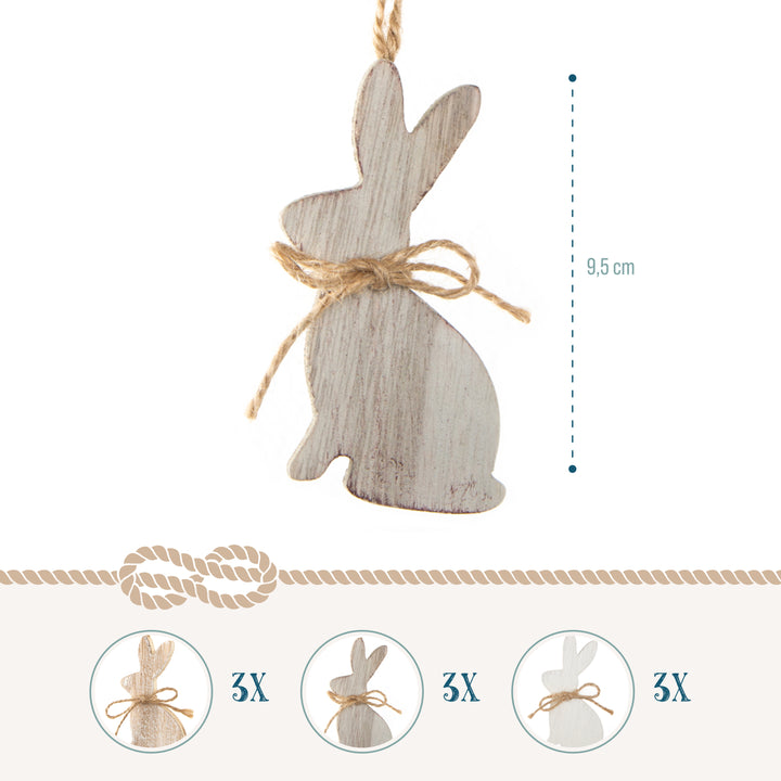 Osteranhänger aus Holz, 9er Set: Osterhasen-Deko zum Aufhängen, Osterschmuck für Osterstrauch, Osternester und Geschenke, Zeitlose Osterdeko, Osterhasen-Anhänger aus Holz, 9,5 cm
