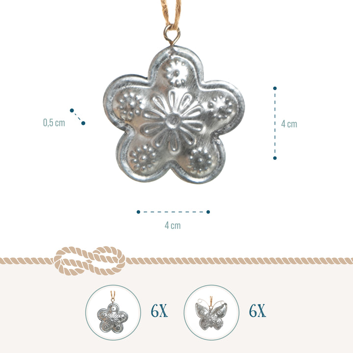 Osteranhänger, 12er Set: Frühlings-Anhänger aus Metall, Schmetterlinge & Blumen, Frühlingsdeko für Ostern & Hochzeit, Osterschmuck für Osterstrauch, Silberne Geschenkanhänger, 4 cm