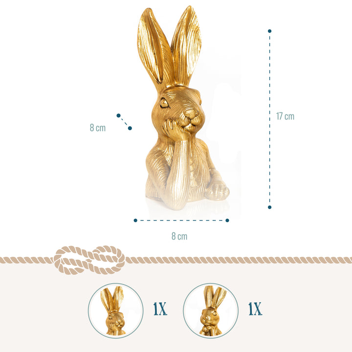 Osterhase Deko-Figuren, 2er Set: Goldene Osterhasen-Figuren, Moderne Osterdeko aus Polyresin, Edle Deko-Hasen für Tisch, Kommode & Eingangsbereich, Indoor, Ideal als Geschenk, 17 cm