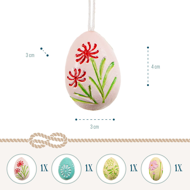 Kleine Ostereier zum Aufhängen, 4er Set: Osteranhänger aus Polyresin im Retro Look, Osterdeko mit Schnur, Anhänger für Osterstrauch & Fenster, Bunte Farben mit Blumenmotiv, 4 cm - Foto 2