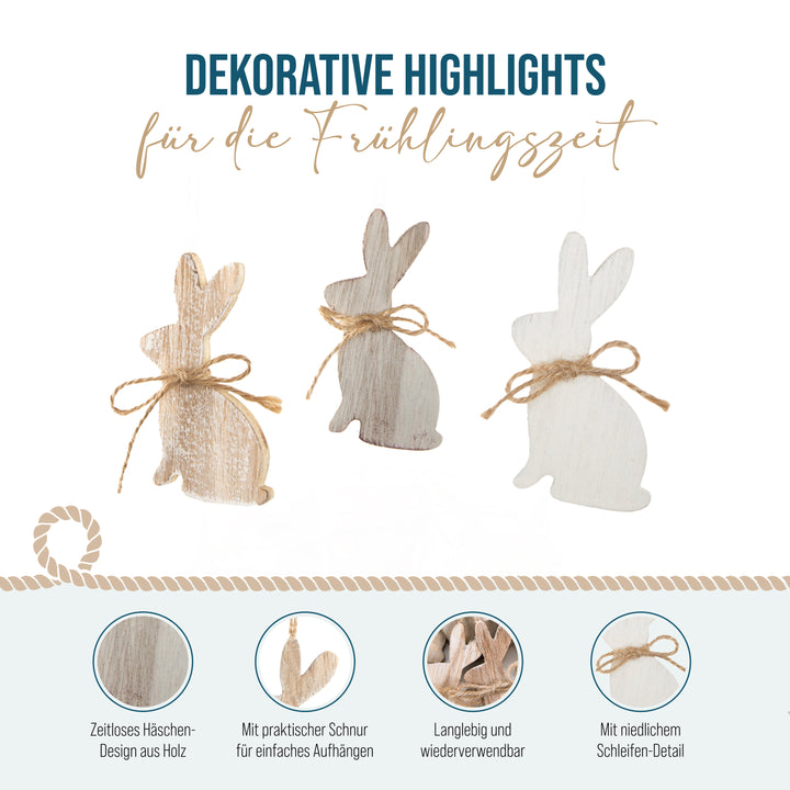 Osteranhänger aus Holz, 9er Set: Osterhasen-Deko zum Aufhängen, Osterschmuck für Osterstrauch, Osternester und Geschenke, Zeitlose Osterdeko, Osterhasen-Anhänger aus Holz, 9,5 cm