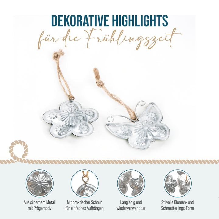 Osteranhänger, 12er Set: Frühlings-Anhänger aus Metall, Schmetterlinge & Blumen, Frühlingsdeko für Ostern & Hochzeit, Osterschmuck für Osterstrauch, Silberne Geschenkanhänger, 4 cm