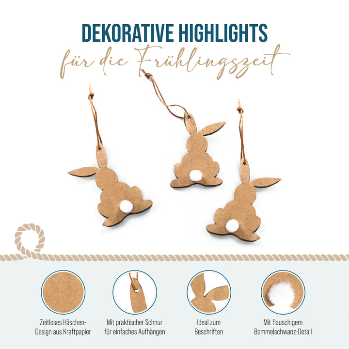 Osteranhänger aus Kraftpapier, 6er Set: Osterhasen-Deko zum Aufhängen, Osterschmuck mit Schnur für Osterstrauch & Geschenke, Zeitlose Osterdeko, Osterhasen-Anhänger für Zuhause, 6 cm