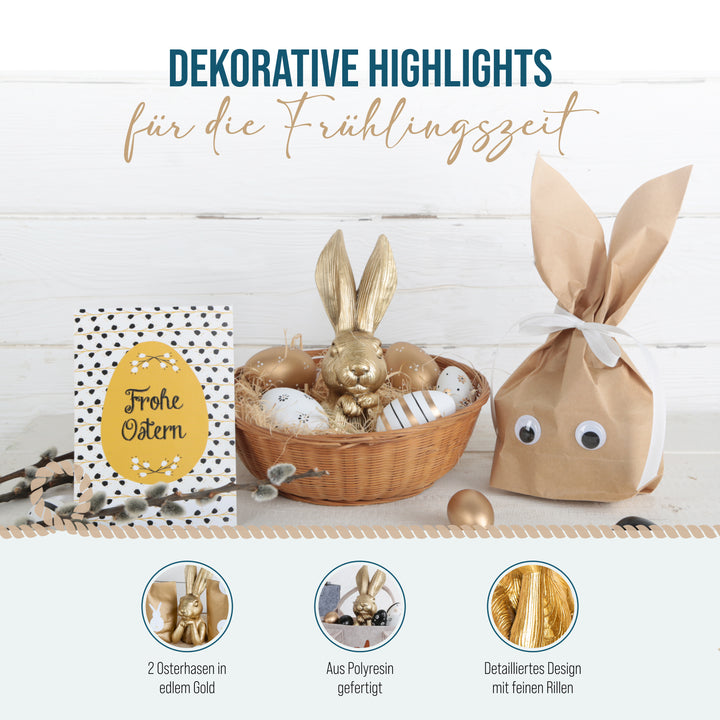 Osterhase Deko-Figuren, 2er Set: Goldene Osterhasen-Figuren, Moderne Osterdeko aus Polyresin, Edle Deko-Hasen für Tisch, Kommode & Eingangsbereich, Indoor, Ideal als Geschenk, 17 cm