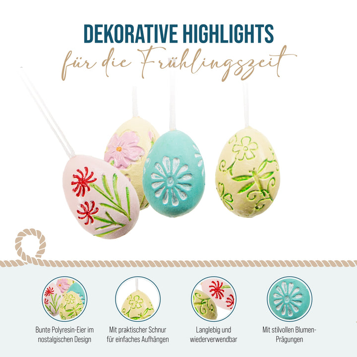 Kleine Ostereier zum Aufhängen, 4er Set: Osteranhänger aus Polyresin im Retro Look, Osterdeko mit Schnur, Anhänger für Osterstrauch & Fenster, Bunte Farben mit Blumenmotiv, 4 cm - Foto 3