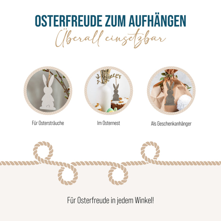 Osteranhänger aus Holz, 6er Set: Osterhasen-Deko zum Aufhängen, Osterschmuck mit Schnur für Osterstrauch und Geschenke, Zeitlose Osterdeko, Osterhasen-Anhänger für Zuhause, 10 cm