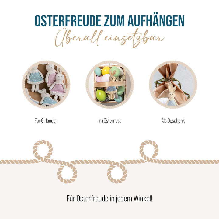 Osterhasen zum Aufhängen, 3er Set: Osteranhänger für Osterstrauch und Kinderzimmer, Deko Set mit Hasen, Stoff-Anhänger für Frühling und Ostern, Geschenkidee für Kinder, 17 cm 