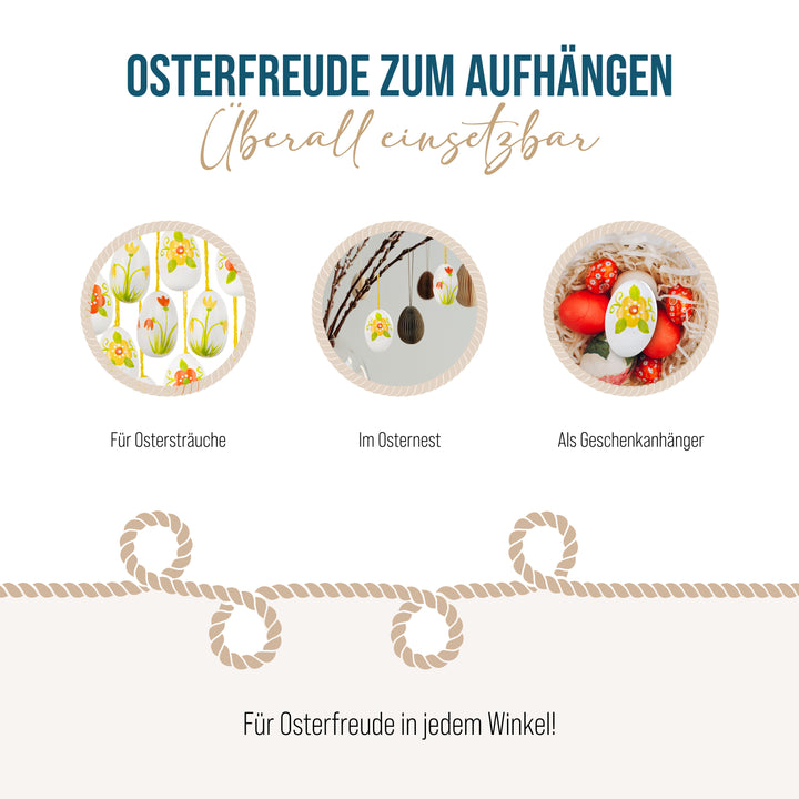 Kleine Ostereier zum Aufhängen, 12er Set: Osteranhänger aus Holz im Vintage Look, Osterdeko mit Schnur, Anhänger für Osterstrauch & Fenster, Bunte Farben mit Blumendekor, Robust, 3 cm