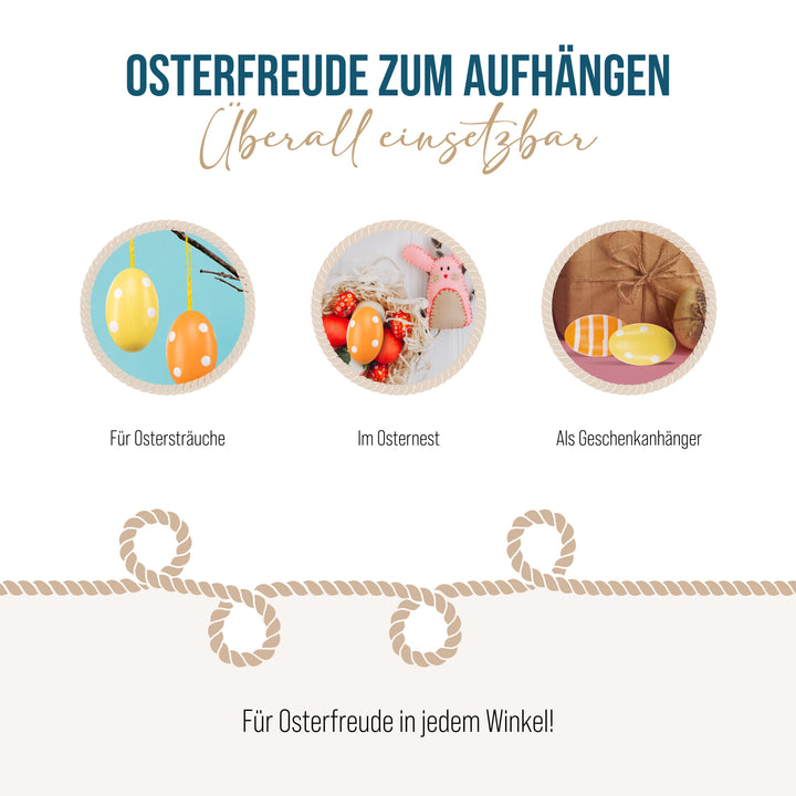 Kleine Ostereier zum Aufhängen, 12er Set: Osteranhänger aus Holz im Retro Look, Osterdeko mit Schnur, Anhänger für Osterstrauch &amp; Fenster, Bunte Farben mit Punkten &amp; Streifen, 3 cm
