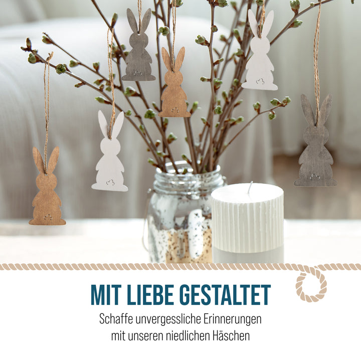 Osteranhänger aus Holz, 12er Set: Osterhasen-Deko zum Aufhängen, Osterschmuck mit Schnur für Osterstrauch und Geschenke, Zeitlose Osterdeko, Osterhasen-Anhänger für Zuhause, 10 cm