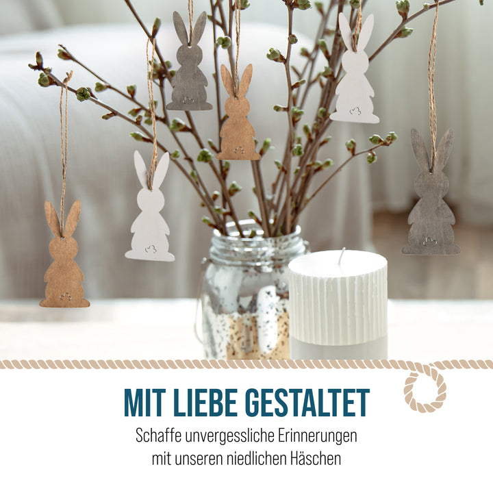 Osteranhänger aus Holz, 6er Set: Osterhasen-Deko zum Aufhängen, Osterschmuck mit Schnur für Osterstrauch und Geschenke, Zeitlose Osterdeko, Osterhasen-Anhänger für Zuhause, 10 cm