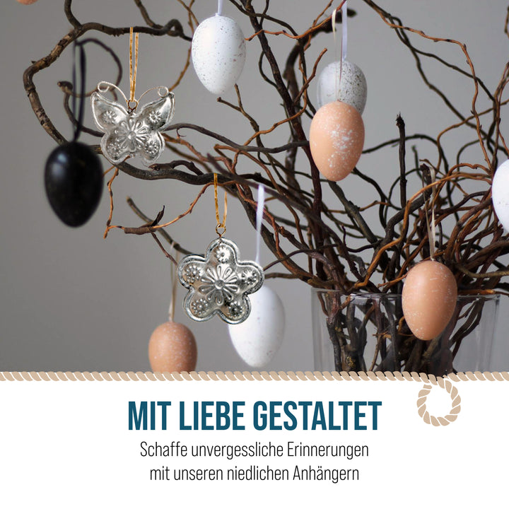 Osteranhänger, 12er Set: Frühlings-Anhänger aus Metall, Schmetterlinge & Blumen, Frühlingsdeko für Ostern & Hochzeit, Osterschmuck für Osterstrauch, Silberne Geschenkanhänger, 4 cm