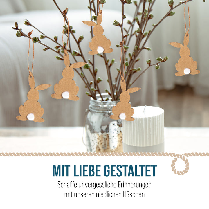 Osteranhänger aus Kraftpapier, 6er Set: Osterhasen-Deko zum Aufhängen, Osterschmuck mit Schnur für Osterstrauch & Geschenke, Zeitlose Osterdeko, Osterhasen-Anhänger für Zuhause, 6 cm