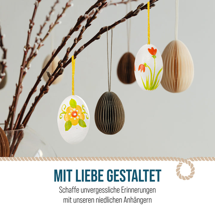 Kleine Ostereier zum Aufhängen, 12er Set: Osteranhänger aus Holz im Vintage Look, Osterdeko mit Schnur, Anhänger für Osterstrauch & Fenster, Bunte Farben mit Blumendekor, Robust, 3 cm
