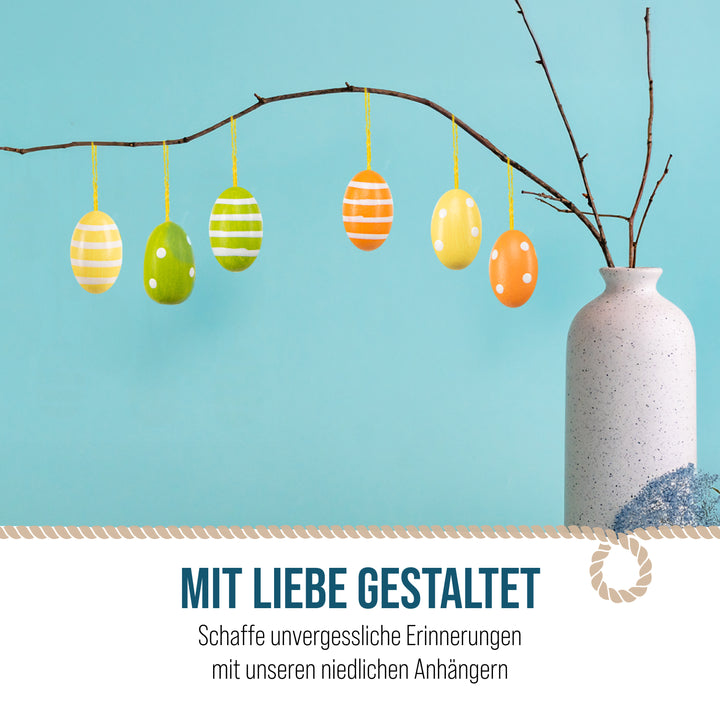 Kleine Ostereier zum Aufhängen, 12er Set: Osteranhänger aus Holz im Retro Look, Osterdeko mit Schnur, Anhänger für Osterstrauch &amp; Fenster, Bunte Farben mit Punkten &amp; Streifen, 3 cm