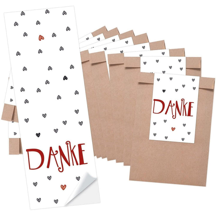 Braune Mini Flachbeutel mit Danke Aufklebern 8,5x13 cm – Logbuch-Verlag