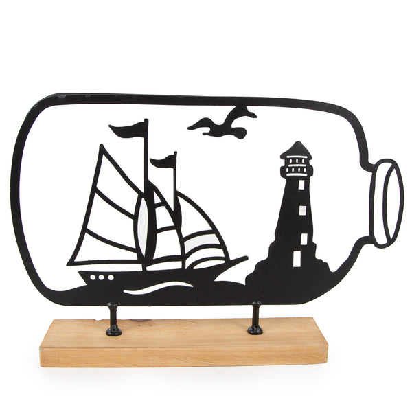 Flaschenpost Segelschiff und Leuchtturm maritimes Deko Objekt zum Hinstellen Geschenkidee Meer Küste schwarz Metall Holz 8 x 4,5 x 18 cm - Foto 1