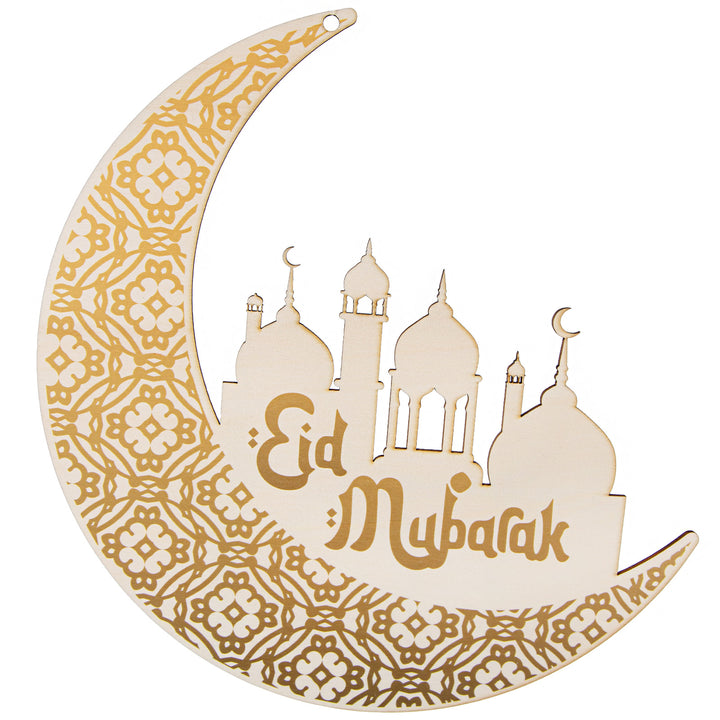 Eid Mubarak Türkranz Halbmond mit Moschee & orientalischen Ornamenten Deko für Ramadan Bayram Eid al-Fitr 27,5 x 29 cm - Foto 1