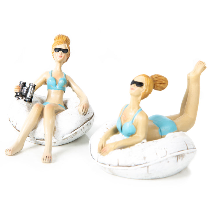 2 Maritime Dekofiguren Frauen im Schwimmreifen Badenixe Urlaub Sommer Badezimmer Dekoration zum Hinstellen 10 cm - Foto 1