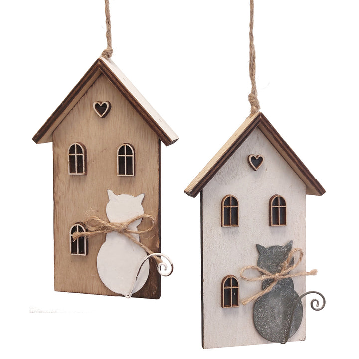 2 Deko Häuser mit Katze Natur grau weiß Holz Geschenkanhänger Hängedekoration Frühling Katzendeko zum Aufhängen 8 x 14 cm - Foto 1