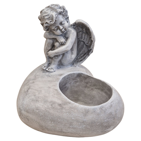 Grabdeko Herz grau mit Engel & Kerzenhalterung  17 x 15 x 16 cm Gedenkdeko für Friedhof oder Zuhause, wetterfest aus Polyresin  Logbuch-Verlag - Foto 1
