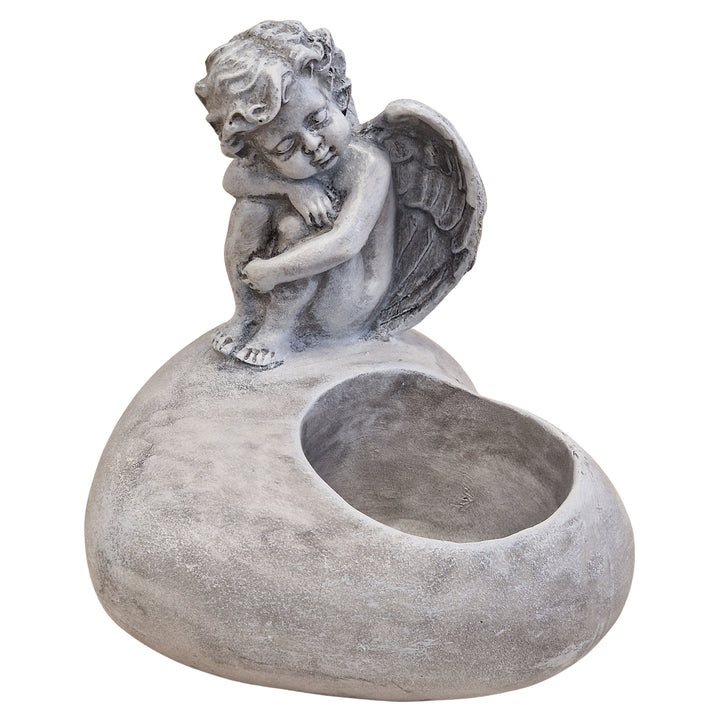 Grabdeko Herz grau mit Engel & Kerzenhalterung  17 x 15 x 16 cm Gedenkdeko für Friedhof oder Zuhause, wetterfest aus Polyresin  Logbuch-Verlag - Foto 1