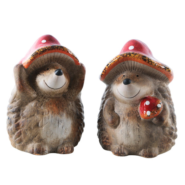 Logbuch-Verlag Dekofigur Igel 2er-Set aus Keramik 18 cm, Herbstdeko Figuren mit Pilz und Hut, Deko-Igel für Tisch Fensterbank Kommode - Foto 1
