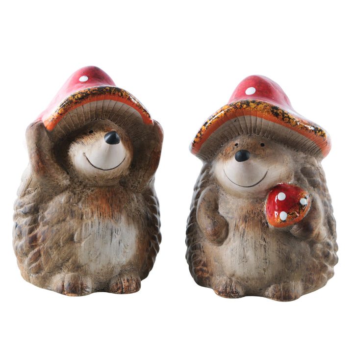 Logbuch-Verlag Dekofigur Igel 2er-Set aus Keramik 18 cm, Herbstdeko Figuren mit Pilz und Hut, Deko-Igel für Tisch Fensterbank Kommode - Foto 1