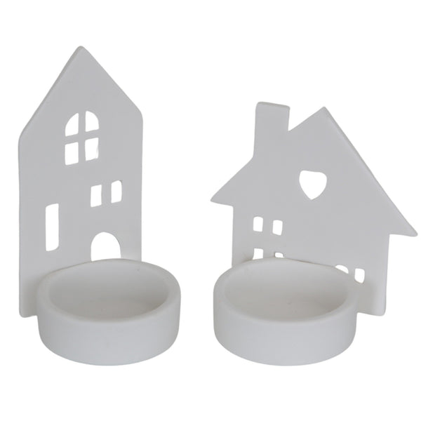 2er Set Teelichthalter Häuser aus Porzellan weiß 9 cm – Skandi-Deko & Weihnachtsdeko, Windlichter Hausform für Winter & Ganzjahresdeko - Foto 1