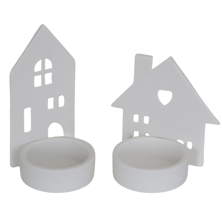 2er Set Teelichthalter Häuser aus Porzellan weiß 9 cm – Skandi-Deko & Weihnachtsdeko, Windlichter Hausform für Winter & Ganzjahresdeko - Foto 1