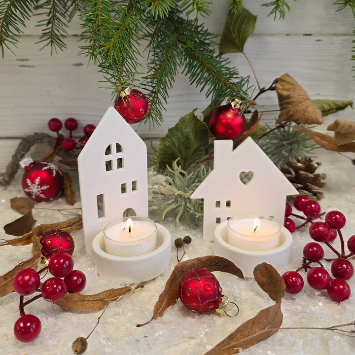 2er Set Teelichthalter Häuser aus Porzellan weiß 9 cm – Skandi-Deko & Weihnachtsdeko, Windlichter Hausform für Winter & Ganzjahresdeko - Foto 2