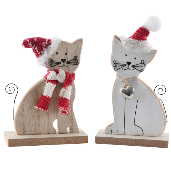 Logbuch-Verlag Weihnachtsdeko Katzen 2er-Set aus MDF Holz 16 cm, Winterdeko Katzenfiguren mit Mütze Schal Herz, Deko Katze zum Hinstellen - Foto 1
