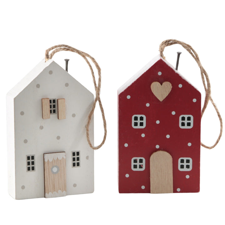 Hänger Häuschen Holz MDF 2er-Set 6,2x10,5 cm rot-weiß bemalt Weihnachtsdeko - Foto 1
