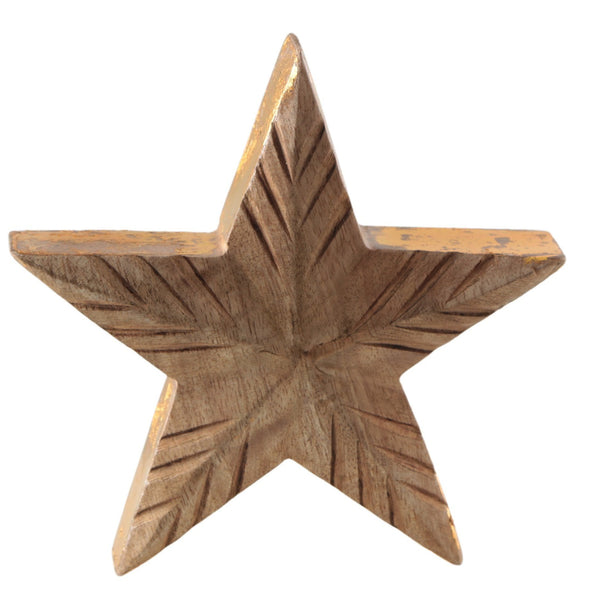 Logbuch-Verlag Deko Stern Holz 14 cm, Sternfigur aus Mangoholz mit Goldkante & geschnitztem Muster, Winter- & Weihnachtsdeko zum Hinstellen