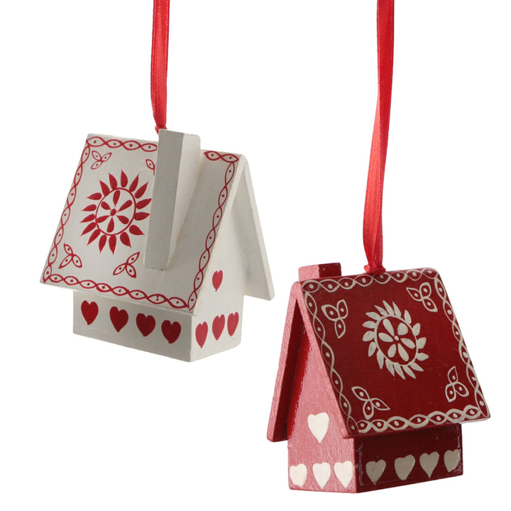 Hänger Häuschen 2er-Set Papiermaché 10x5x8 cm rot-weiß bemalt – Weihnachtsdeko zum Aufhängen - Foto 1