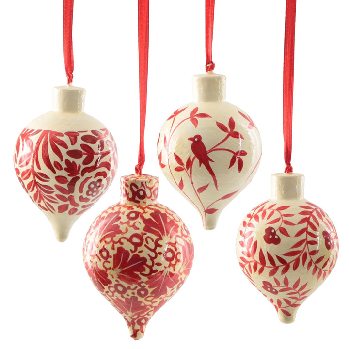 Papiermaché Hänger 4er-Set rot-weiß 12 cm Tropfenform Weihnachtsdeko zum Aufhängen - Foto 1