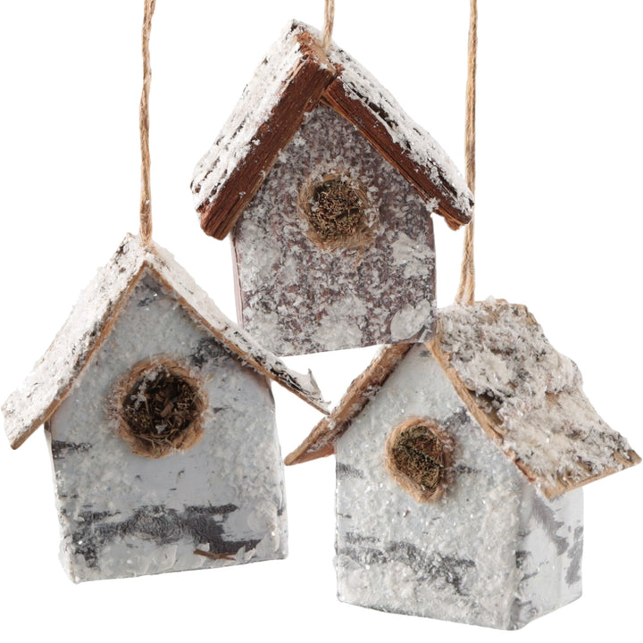 3er Set Hänger Häuschen aus Kiefernholz, ca. 8 x 6 x 8,5 cm, mit Schneeeffekt, naturfarben – rustikale Winter- und Weihnachtsdeko. - Foto 1
