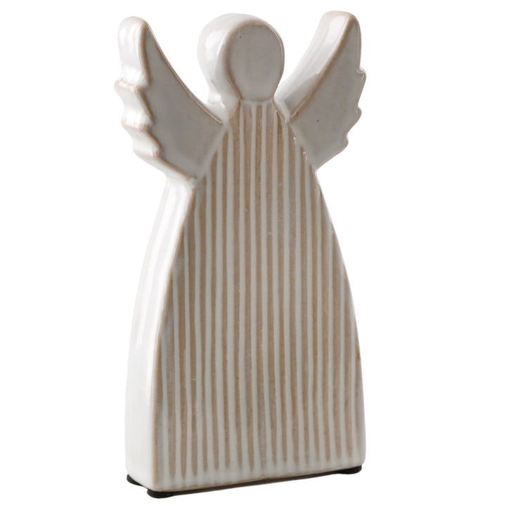 Deko Engel Keramik 14 cm, Schlichte Engelfigur mit Rillenstruktur in Beige-Weiß, stilvolle Weihnachtsdeko & Schutzengel zum Hinstellen - Foto 1